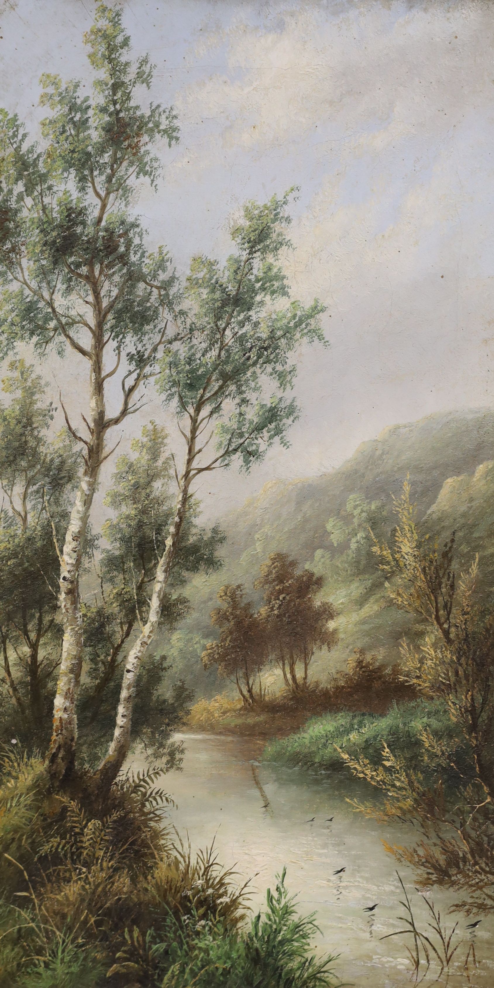 Edwin Masters, pair of oils on canvas, birch trees beside streams, signed, 46 x 25cm.